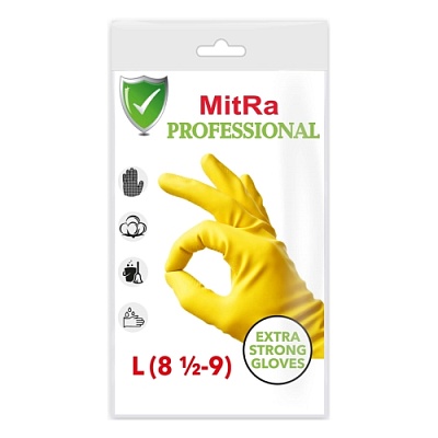 Перчатки хозяйственные латексные MitRa Professional, с х/б напылением (L)цвет желтый (х1/144) 