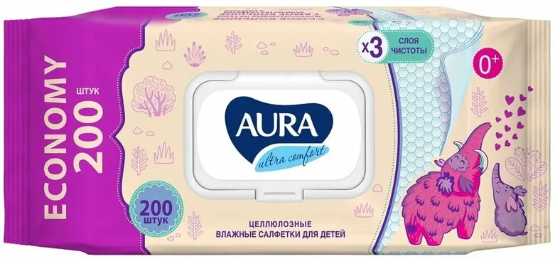 Салфетки влажные Аура 200шт/упак (BIG-PACK) для детей с клапаном. 12упак/кор